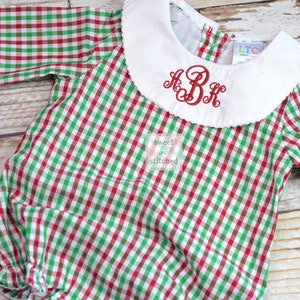 Baby girl monogrammed Christmas bishop bubble in red green and white gingham, Ruffle Christmas bubble, girls Christmas outfit