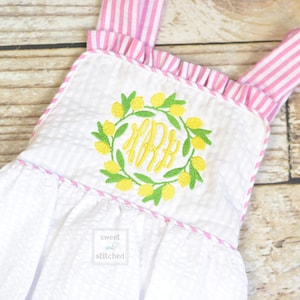 Monogrammed baby girl ruffle bubble with lemons, pink lemonade birthday outfit, 1st birthday cake smash outfit, Summer Beach Outfit