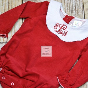 Baby girl monogrammed Christmas bishop bubble in red corduroy, 1st Christmas outfit, Ruffle Christmas bubble, girls Christmas outfit