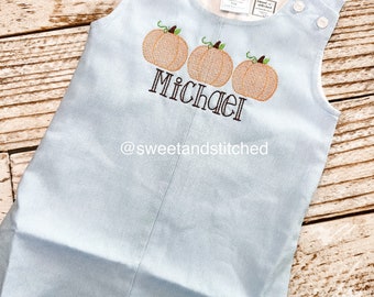 Monogrammed Boys Pumpkin Romper, Boys Halloween, Fall, Thanksgiving Outfit, Personalized baby boy pumpkin outfit, pumpkin jon jon