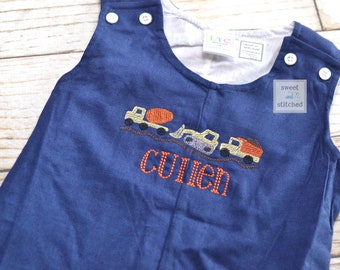 Monogrammed baby boy construction jon jon, baby boy outfit with trucks design, construction birthday outfit, construction cake smash