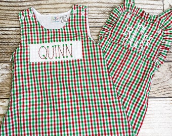 Girls monogrammed red, green and white gingham Christmas dress, jumper style toddler Christmas outfit with Faux smock nameplate design