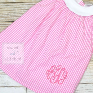 Monogrammed pink gingham bishop dress, pink toddler dress, baby girl easter dress personalized, Summer outfit, church outfit