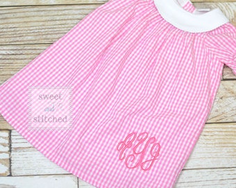 Monogrammed pink gingham bishop dress, pink toddler dress, baby girl easter dress personalized, Summer outfit, church outfit