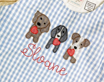 Monogrammed girls jumper dress with dogs and hearts design, girls valentine’s dress, valentine’s outfit, dog lovers dress