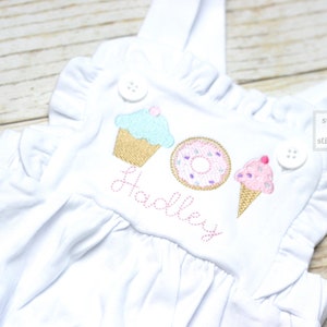 Monogrammed baby girl ruffle bubble with sweets trio, girls summer ice cream cone outfit, 1st birthday donut outfit, Summer birthday Outfit