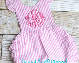 Monogrammed toddler bubble romper, monogrammed Seersucker bubble, baby girl summer outfit, toddler Beach Outfit