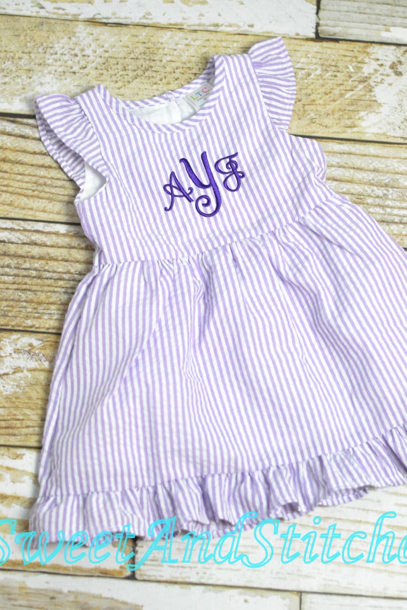 Monogrammed Seersucker Easter dress, toddler dress, baby girl easter dress personalized, Summer outfit, Baby Girl Beach Outfit image 3