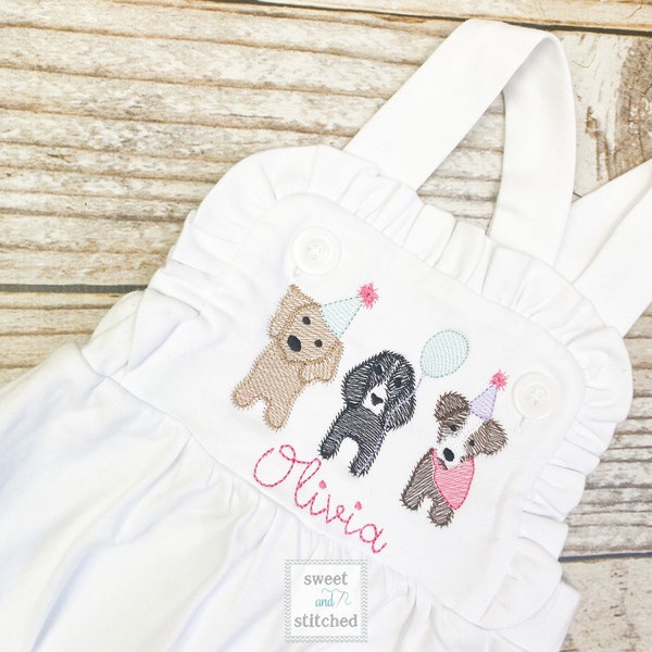 Monogrammed baby girl cake smash outfit with puppy dogs and name, girls birthday bubble outfit, 1st birthday puppy themed cake smash outfit