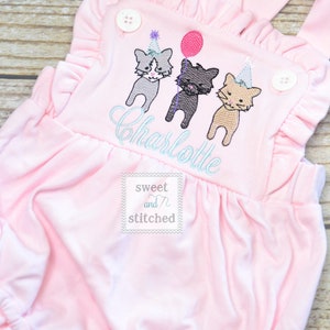 Monogrammed pink baby girl cake smash outfit with cat birthday design and name, girls birthday outfit, 1st birthday kitten cake smash outfit