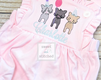 Monogrammed pink baby girl cake smash outfit with cat birthday design and name, girls birthday outfit, 1st birthday kitten cake smash outfit