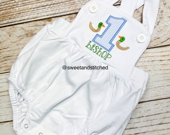 Monogrammed baby boy Birthday romper with mallard ducks, duck birthday outfit, mallard themed cake smash outfit