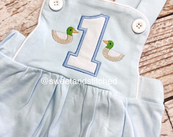 Monogrammed baby boy Birthday romper with mallard ducks, duck birthday outfit, mallard themed cake smash outfit