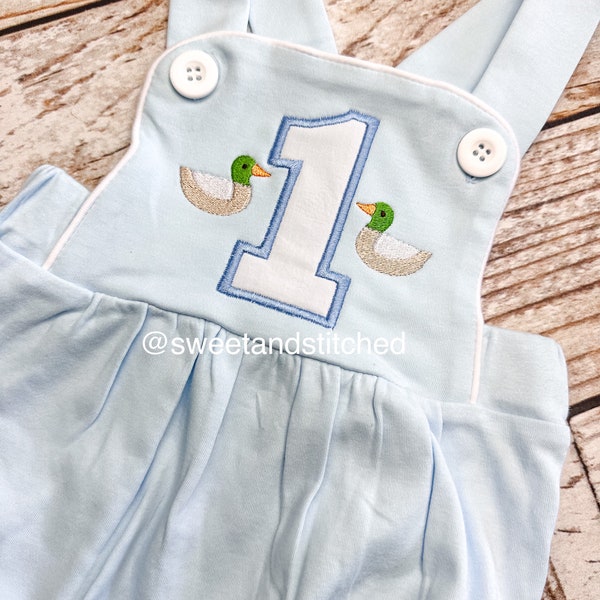 Monogrammed baby boy Birthday romper with mallard ducks, duck birthday outfit, mallard themed cake smash outfit