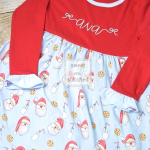 Personalized girls Christmas dress red ruffle Christmas dress with santa cookies and milk design Ruffle christmas dress, monogrammed image 2