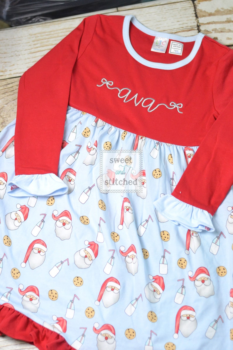 Personalized girls Christmas dress red ruffle Christmas dress with santa cookies and milk design Ruffle christmas dress, monogrammed image 2