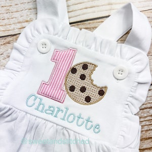 Monogrammed baby girl ruffle bubble with cookie theme, girls cookie cake smash outfit, 1st birthday cookie outfit, Summer birthday Outfit