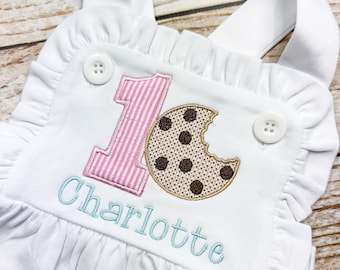 Monogrammed baby girl ruffle bubble with cookie theme, girls cookie cake smash outfit, 1st birthday cookie outfit, Summer birthday Outfit