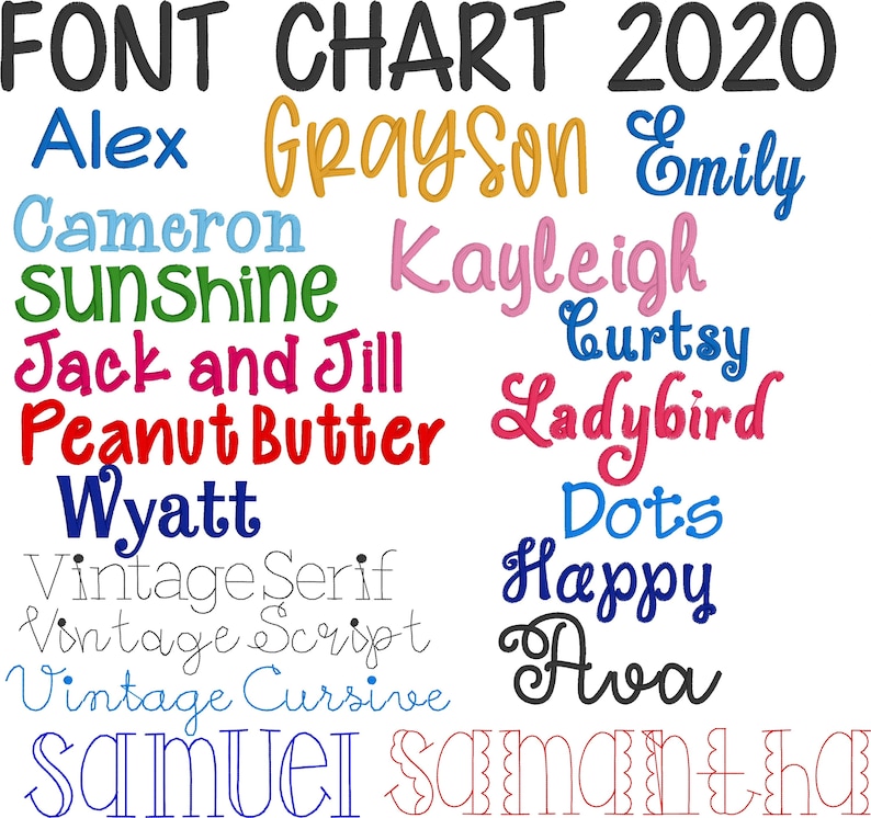 Puede incluir: Sobre un fondo blanco, se muestra una tabla de fuentes de 2020. El t&iacute;tulo "FONT CHART 2020" est&aacute; en negro. Se muestran varias fuentes con nombres como "Alex", "Grayson" y "Emily" en diferentes colores.