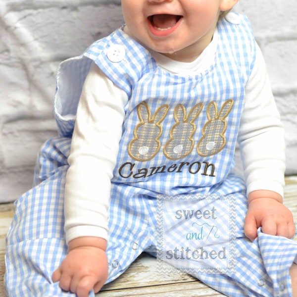 Personalized Boys Easter outfit with bunny design and name - Baby Boy Easter Outfit, Easter overalls, Easter monogrammed Longall outfit