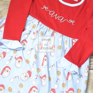 Personalized girls Christmas dress red ruffle Christmas dress with santa cookies and milk design Ruffle christmas dress, monogrammed image 7