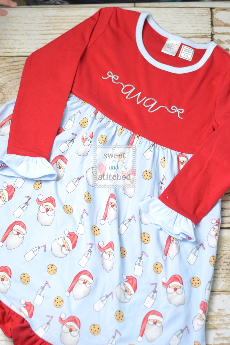 Personalized girls Christmas dress red ruffle Christmas dress with santa cookies and milk design Ruffle christmas dress, monogrammed image 7
