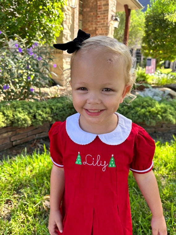 Girls Monogrammed Christmas Dress, Red Corduroy Collared Christmas Dress, Monogrammed Corduroy Christmas Dress with Name and Design