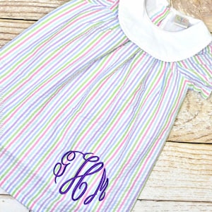 Monogrammed rainbow seersucker bishop dress, toddler dress, baby girl easter dress personalized, Summer outfit, church outfit