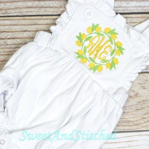 Monogrammed baby girl ruffle bubble with lemons, girls summer monogrammed lemon outfit, 1st birthday cake smash outfit, Summer Beach Outfit