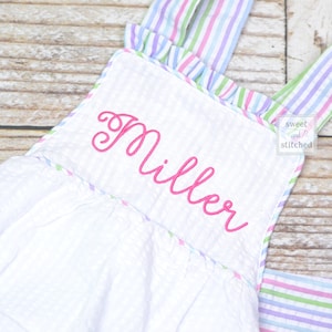 Monogrammed baby girl seersucker rainbow romper, girls cross backed bubble, girls summer romper, 1st birthday cake smash outfit