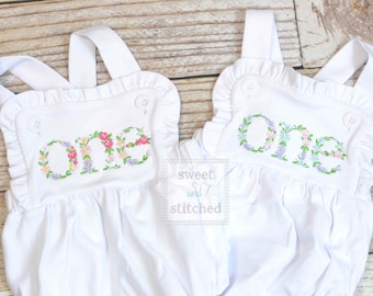 Embroidered baby girl cake smash outfit with floral ONE design, girls birthday outfit, cake smash outfit, Flower birthday outfit