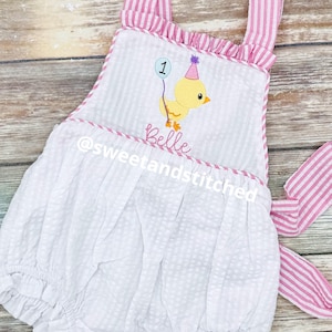 Monogrammed baby girl ruffle bubble with chicken birthday design, baby chick themed birthday outfit, 1st birthday cake smash outfit