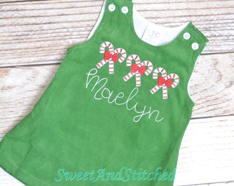 Girls candy cane Christmas dress - Monogrammed Christmas outfit- Corduroy Christmas jumper dress - baby girl christmas outfit