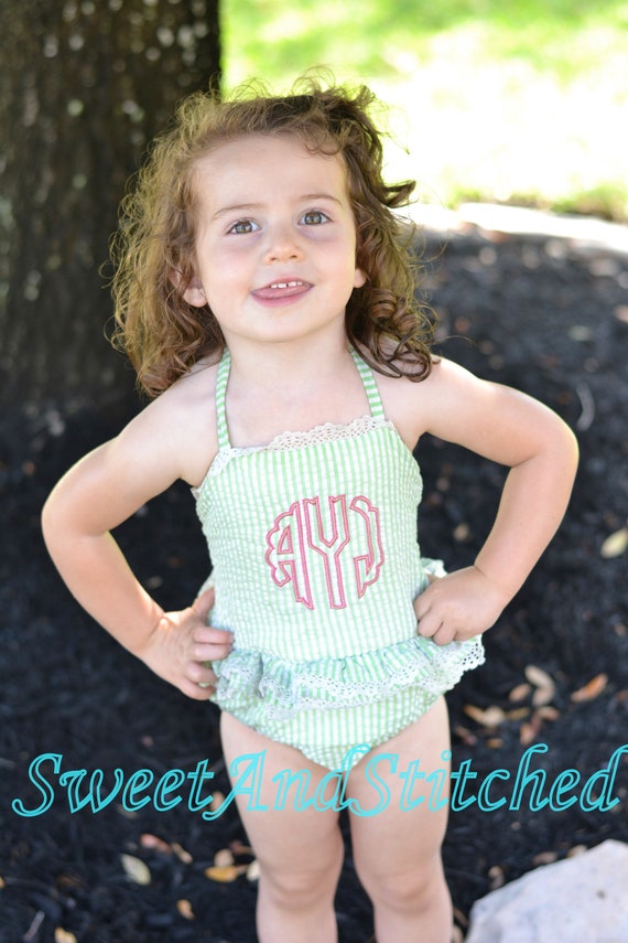 girls monogrammed seersucker swimsuits