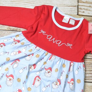 Personalized girls Christmas dress red ruffle Christmas dress with santa cookies and milk design Ruffle christmas dress, monogrammed image 3