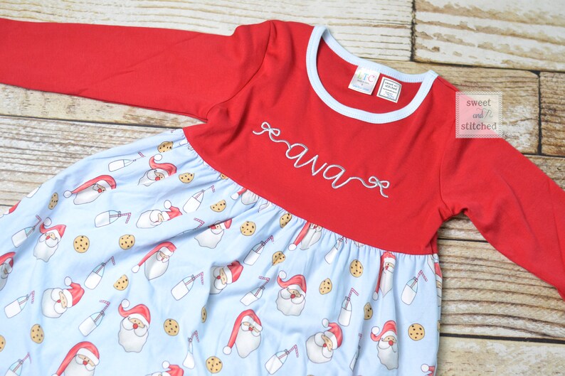 Personalized girls Christmas dress red ruffle Christmas dress with santa cookies and milk design Ruffle christmas dress, monogrammed image 3