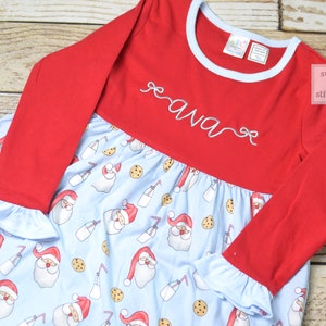 Personalized girls Christmas dress red ruffle Christmas dress with santa cookies and milk design Ruffle christmas dress, monogrammed image 6