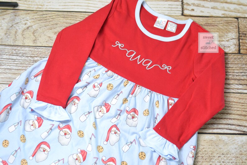 Personalized girls Christmas dress red ruffle Christmas dress with santa cookies and milk design Ruffle christmas dress, monogrammed image 6