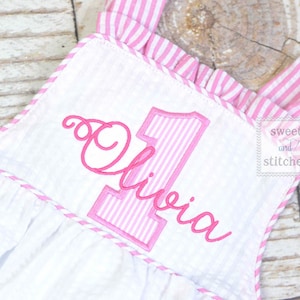 Monogrammed baby girl seersucker romper cake smash outfit, girls 1st birthday outfit cross backed bubble