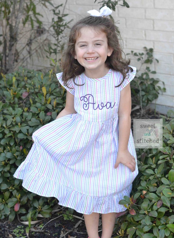 Monogrammed Seersucker Easter Dress, Toddler Dress, Baby Girl Rainbow Dress  Personalized, Summer Outfit, Baby Girl Beach Outfit - Etsy