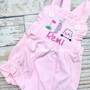Monogrammed baby girl ruffle bubble with golf theme in solid pink knit, golf themed birthday outfit, 1st birthday golf cake smash outfit