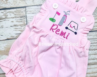 Monogrammed baby girl ruffle bubble with golf theme in solid pink knit, golf themed birthday outfit, 1st birthday golf cake smash outfit