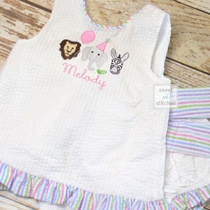 Baby girl swing back bloomer set with zoo theme, party animal birthday outfit, baby bloomer set, cake smash outfit, swing back set