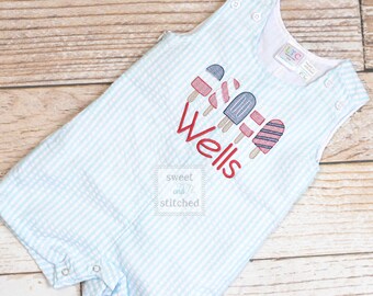 Monogrammed Boys Romper, Boys 4th of July Outfit, patriotic outfit, monogrammed Aqua jon jon, toddler beach outfit popsicles
