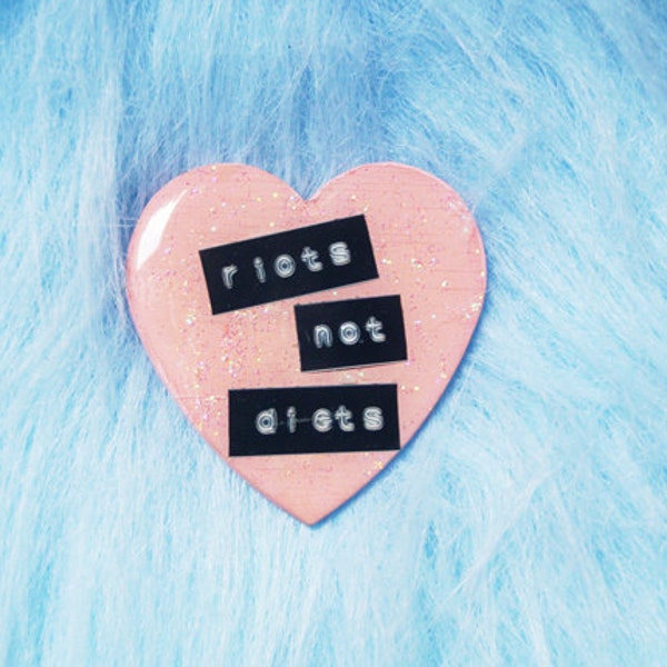 pastel pink 'RIOTS NOT DIETS' glitter heart brooch - body positive & feminist pin - 40% off!