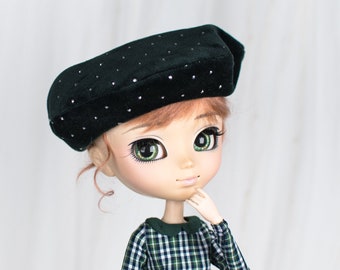 Bottle green beret with silver crystals - hat for Pullip & Blythe