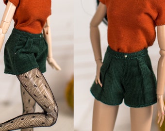Bottle Green shorts for Pullip, Blythe, Poppy Parker - Green velvet corduroy pants for dolls