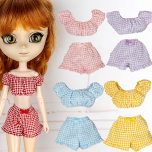 Gingham Doll Outfit: Milkmaid Top and Shorts for Pullip, Blythe, Obitsu