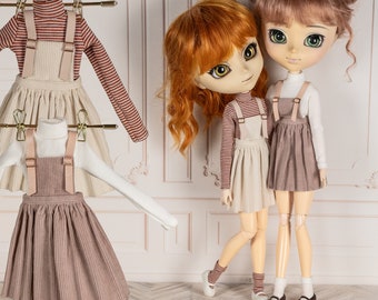 Conjunto: Vestido peto de pana, jersey de cuello alto y calcetines para Pullip, Obitsu 27, Blythe, Pure Neemo - Peto peto con tirantes