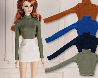 Dark color turtleneck top for Pullip, Obitsu 27 26, Blythe, Pure Neemo, Poppy Parker, Fashion Royalty - Khaki, Carmel, Royal Blue, Navy blue